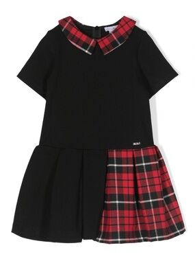 Girls Black Dress with Red Plaid Collar and Skirt Accent